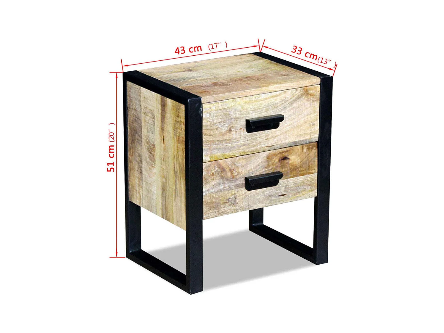 Mesa auxiliar con 2 cajones en madera maciza de mango 43x33x51 cm