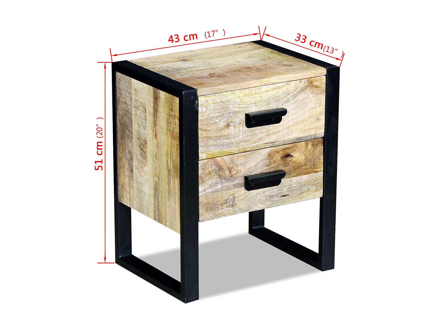 Tavolino laterale con 2 cassetti in legno massello di mango 43x33x51 cm