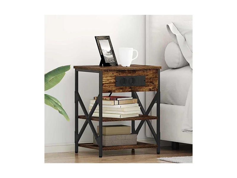 Comodino con stazione di ricarica 2 pezzi Rovere affumicato