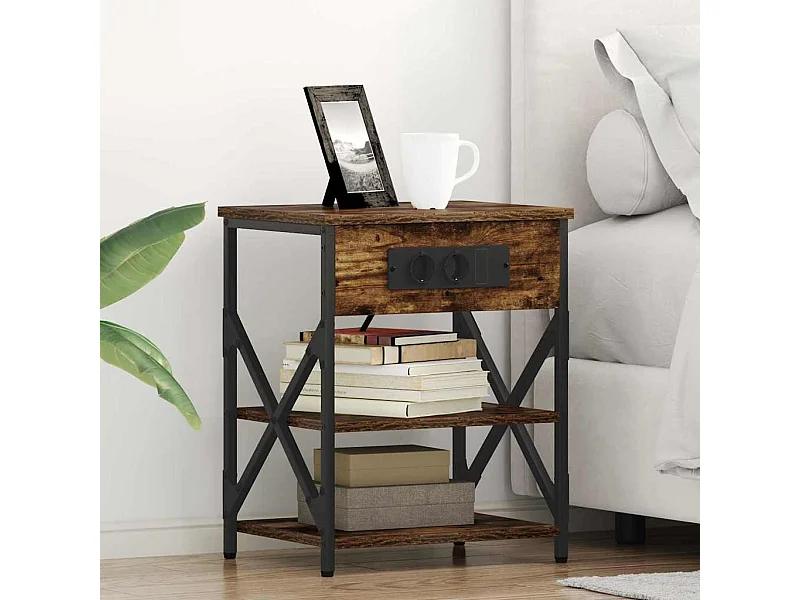 Table de nuit avec station de chargement 2 pcs Chêne fumé
