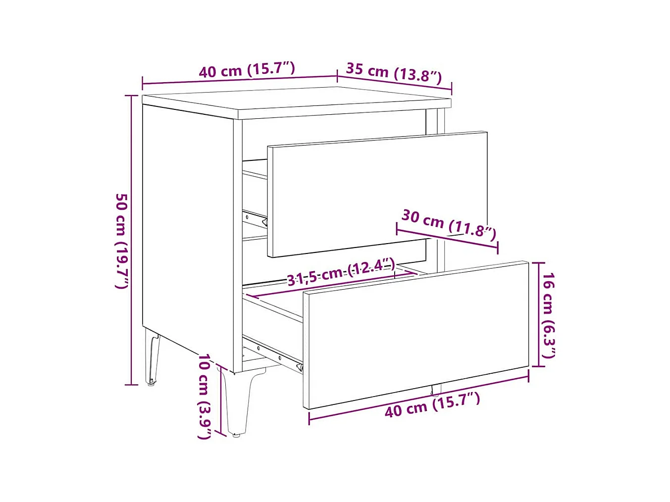 Comodino con cassetto 2 pz Rovere nero 40 x 35 x 50 cm