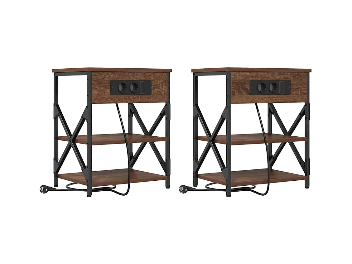 Comodino con stazione di ricarica 2 pezzi Rovere marrone