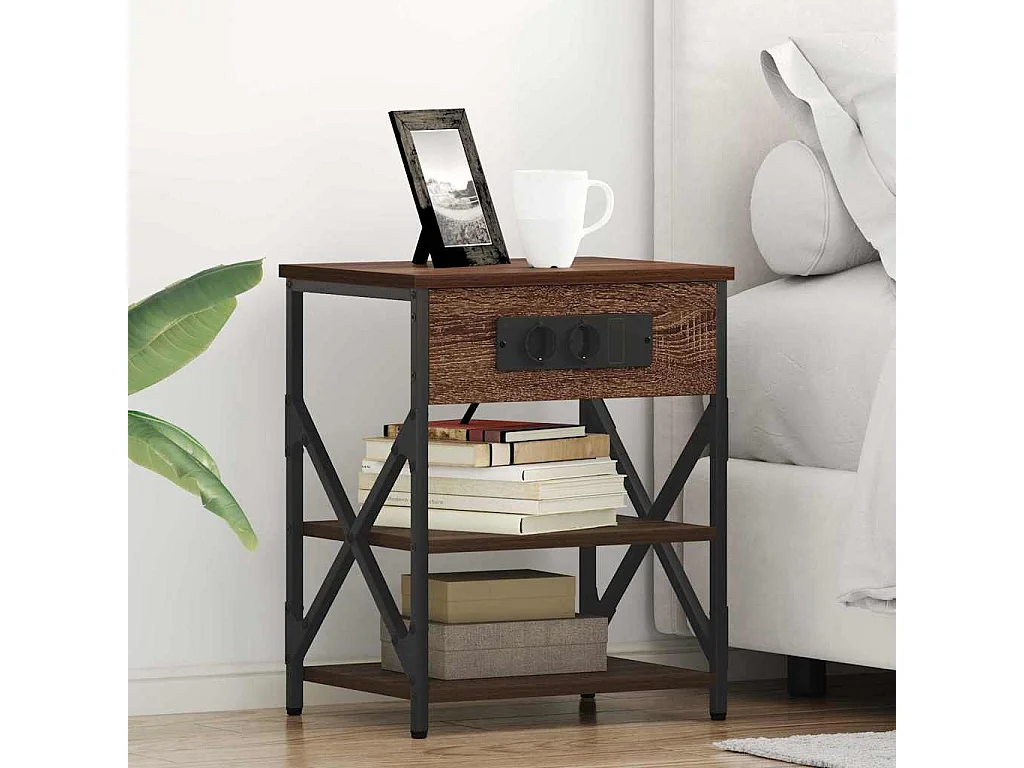 Table de nuit avec station de chargement 2 pcs Chêne marron