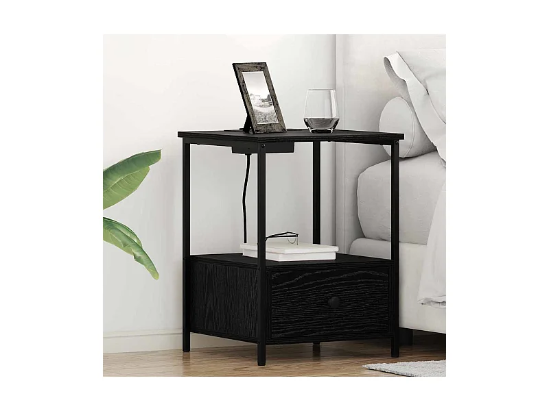 Comodino con stazione di ricarica e cassetto in rovere nero