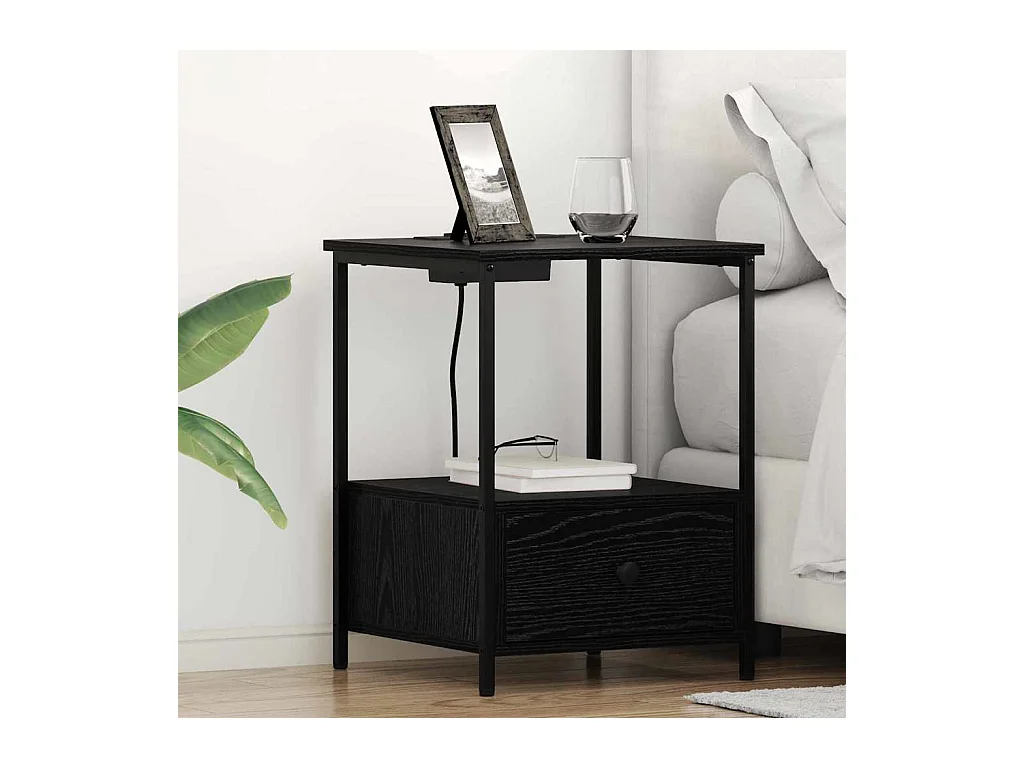 Table de nuit avec station de chargement avec tiroir Chêne noir