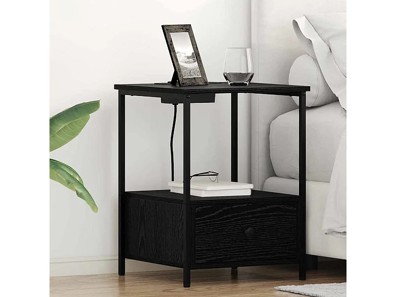 Table de nuit avec station de chargement avec tiroir Chêne noir