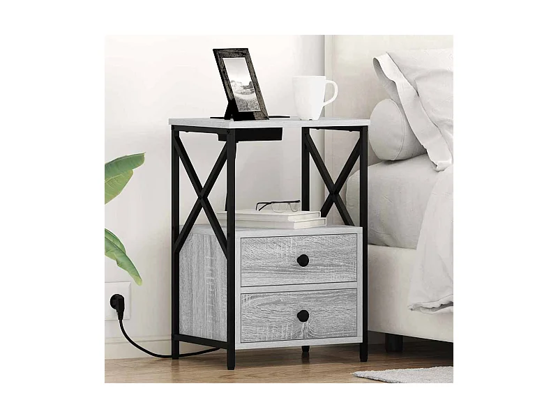 Mesita de noche de dos piezas en gris Sonoma con estación de carga