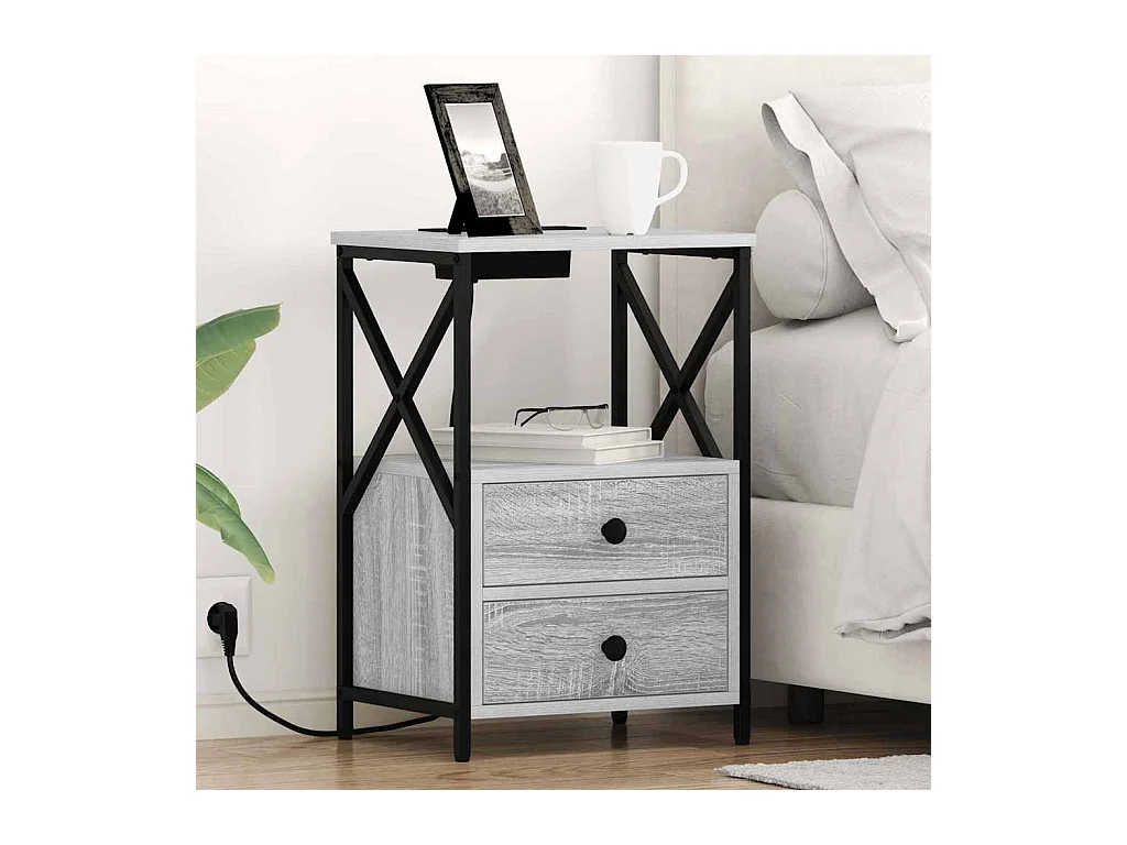 Mesita de noche de dos piezas en gris Sonoma con estación de carga