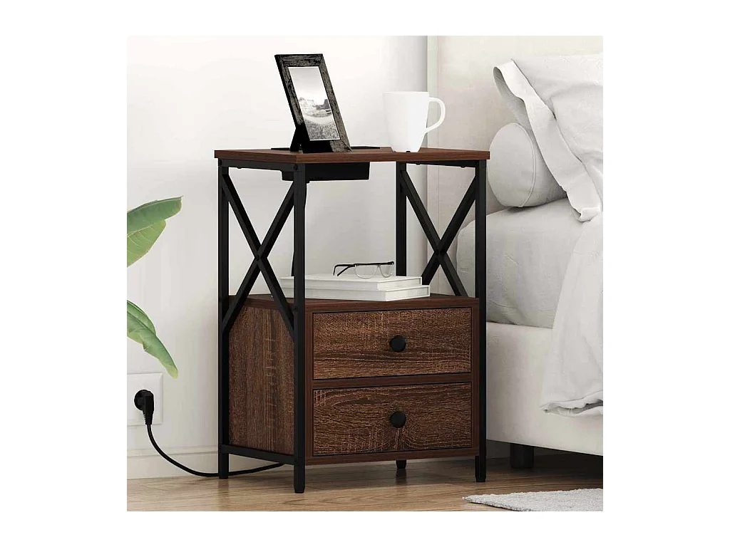 Mesita de noche con estación de carga 2 piezas Roble Marrón