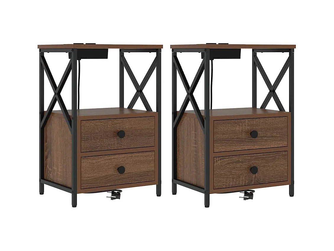 Mesita de noche con estación de carga 2 piezas Roble Marrón