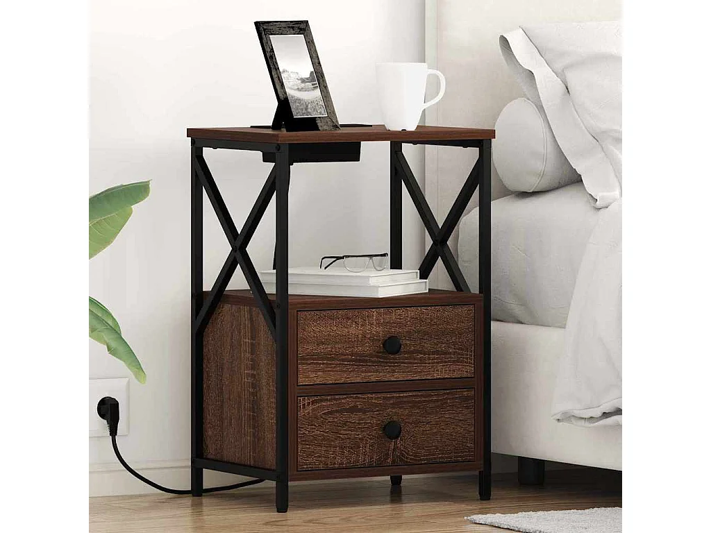 Table de nuit avec station de chargement 2 pcs Chêne marron