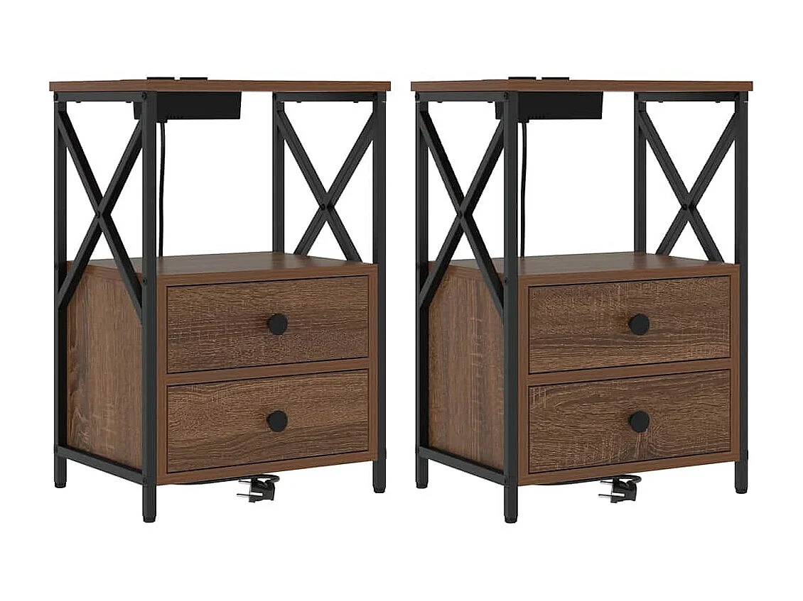 Table de nuit avec station de chargement 2 pcs Chêne marron