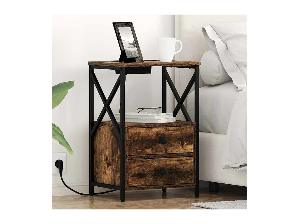 Table de nuit avec station de chargement avec tiroir Chêne fumé