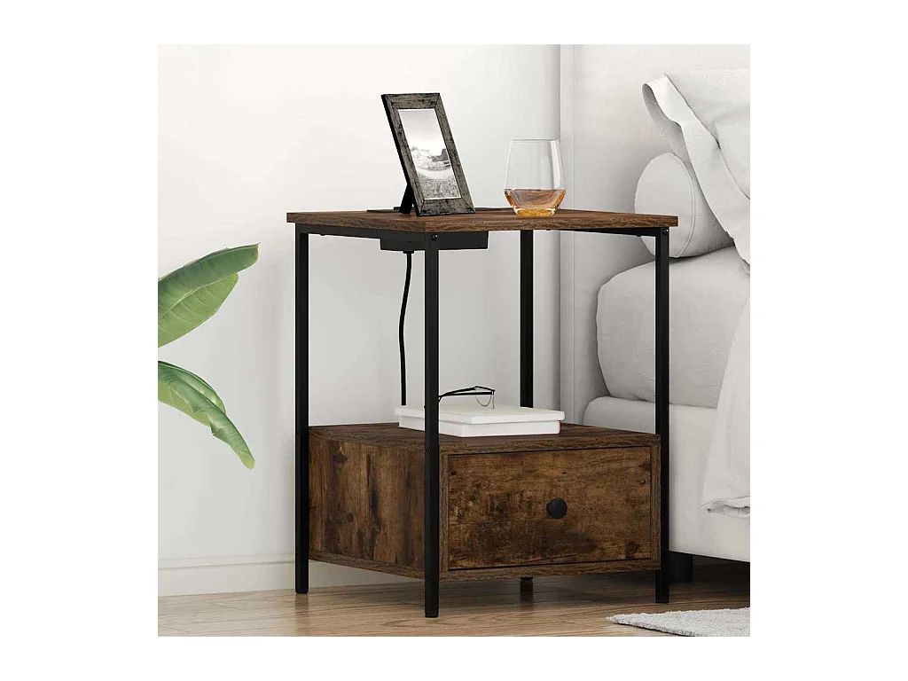 Mesilla de noche con estación de carga con cajón Roble ahumado