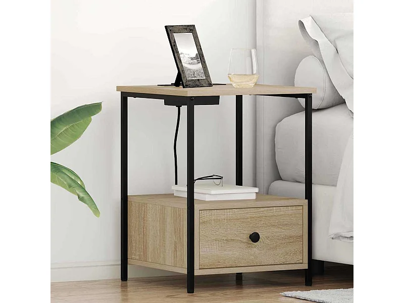 Mesita de noche de roble Sonoma con estación de carga