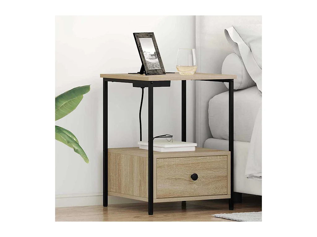 Mesita de noche de roble Sonoma con estación de carga