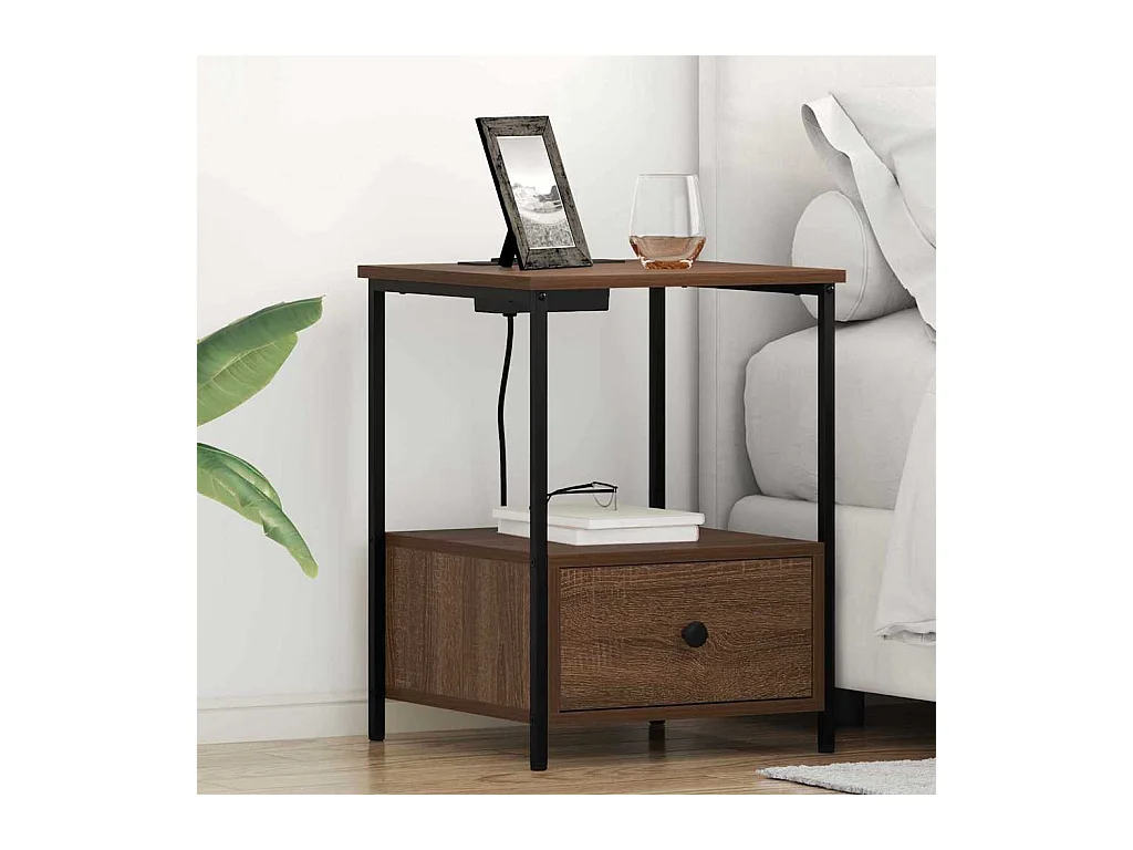 Mesita de noche con estación de carga 2 piezas Roble Marrón