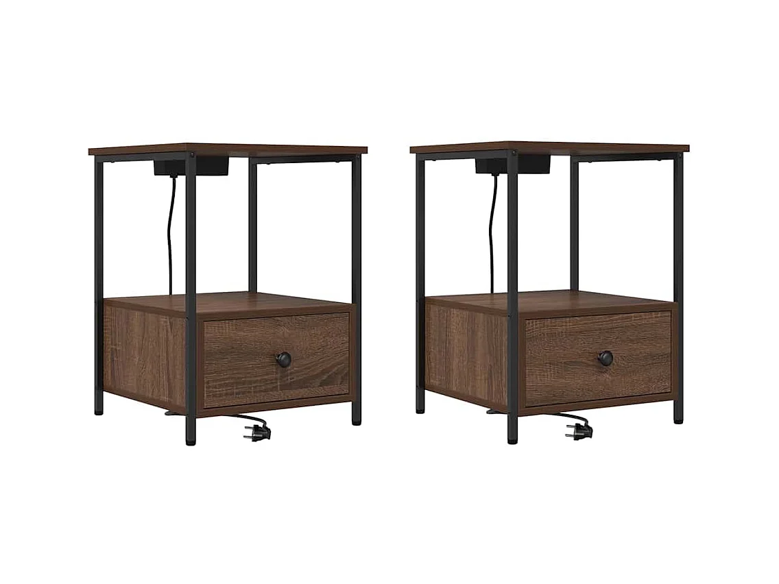 Mesita de noche con estación de carga 2 piezas Roble Marrón