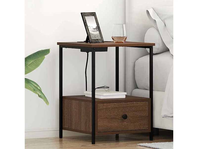Table de nuit avec station de chargement 2 pcs Chêne marron