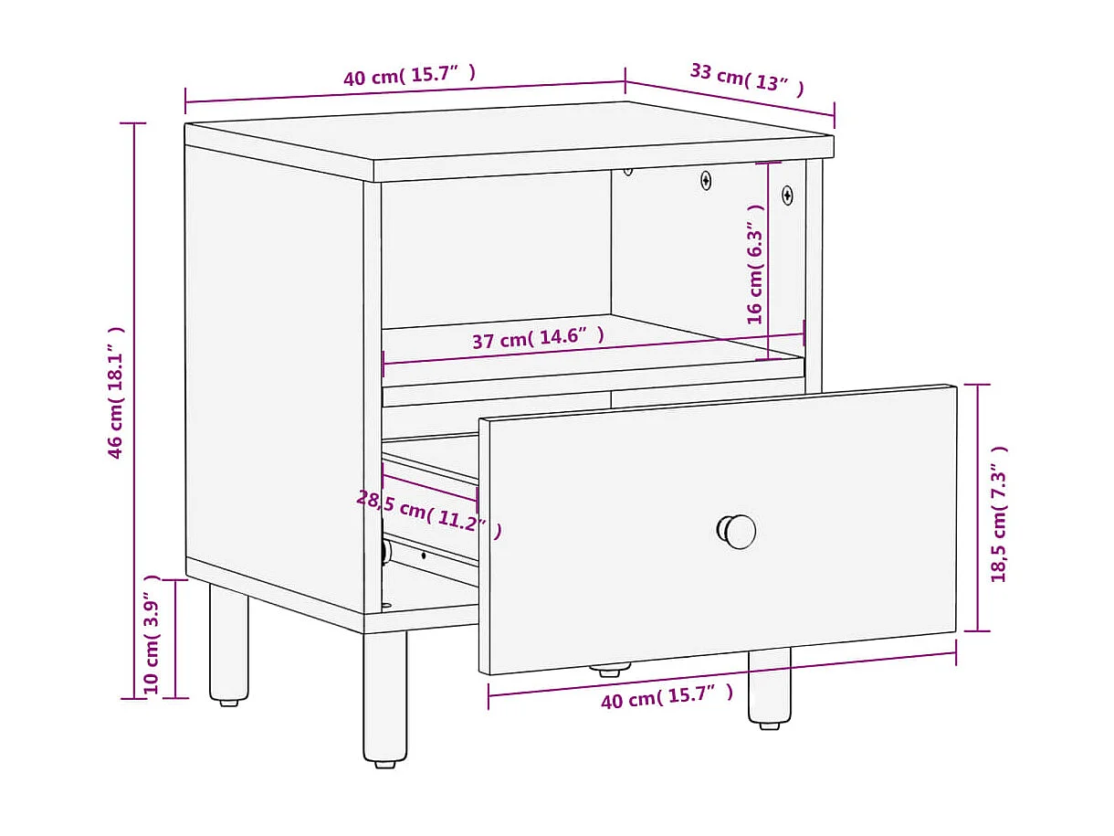 Comodino nero 40x33x46 cm in legno massello di mango
