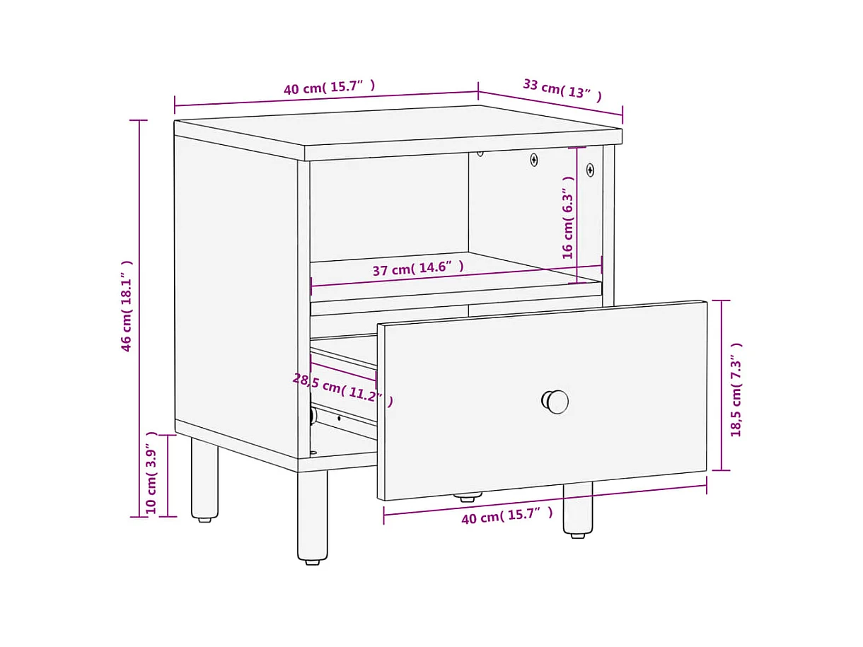 Table de chevet noir 40x33x46 cm bois de manguier solide