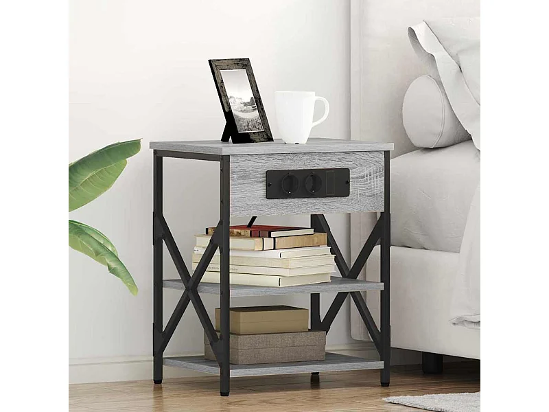 Table de nuit avec station de chargement 2 pcs Sonoma gris