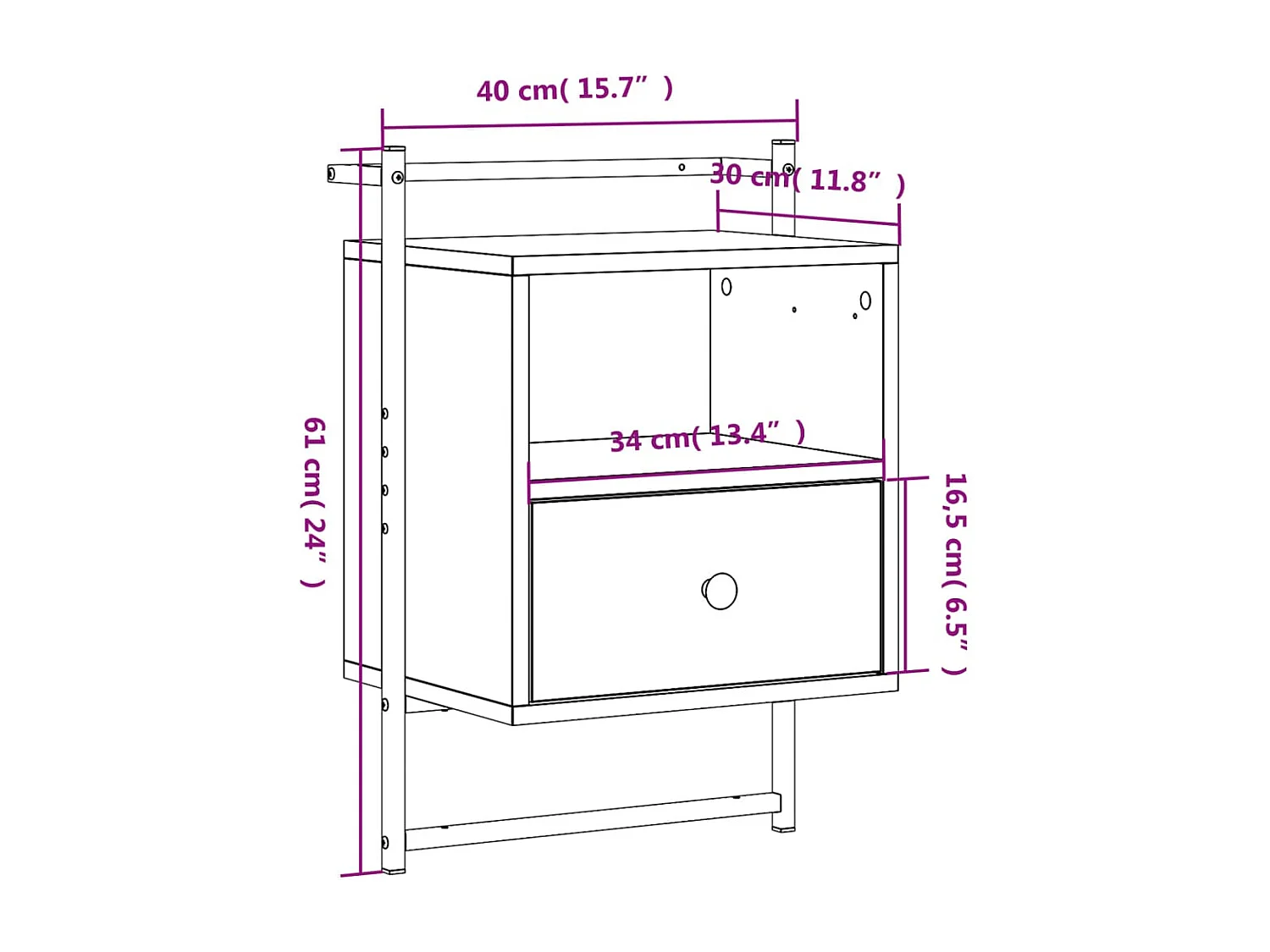 Comodino da parete grigio Sonoma 40x30x61cm in legno ingegnerizzato