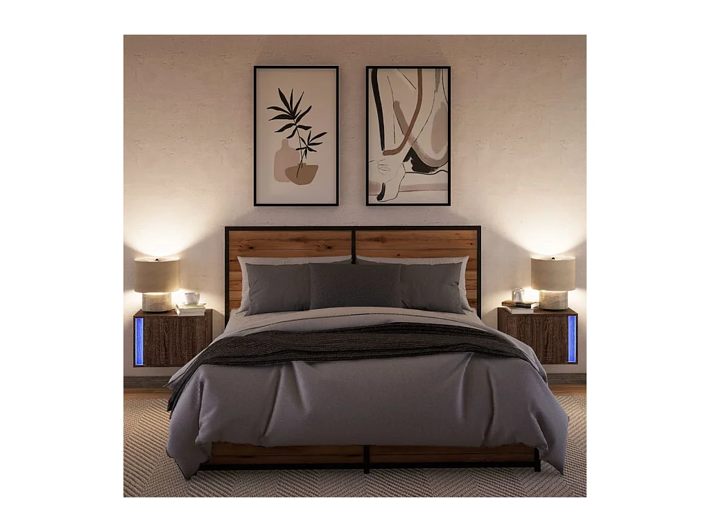 Comodini da parete con luci LED 2 pezzi rovere marrone