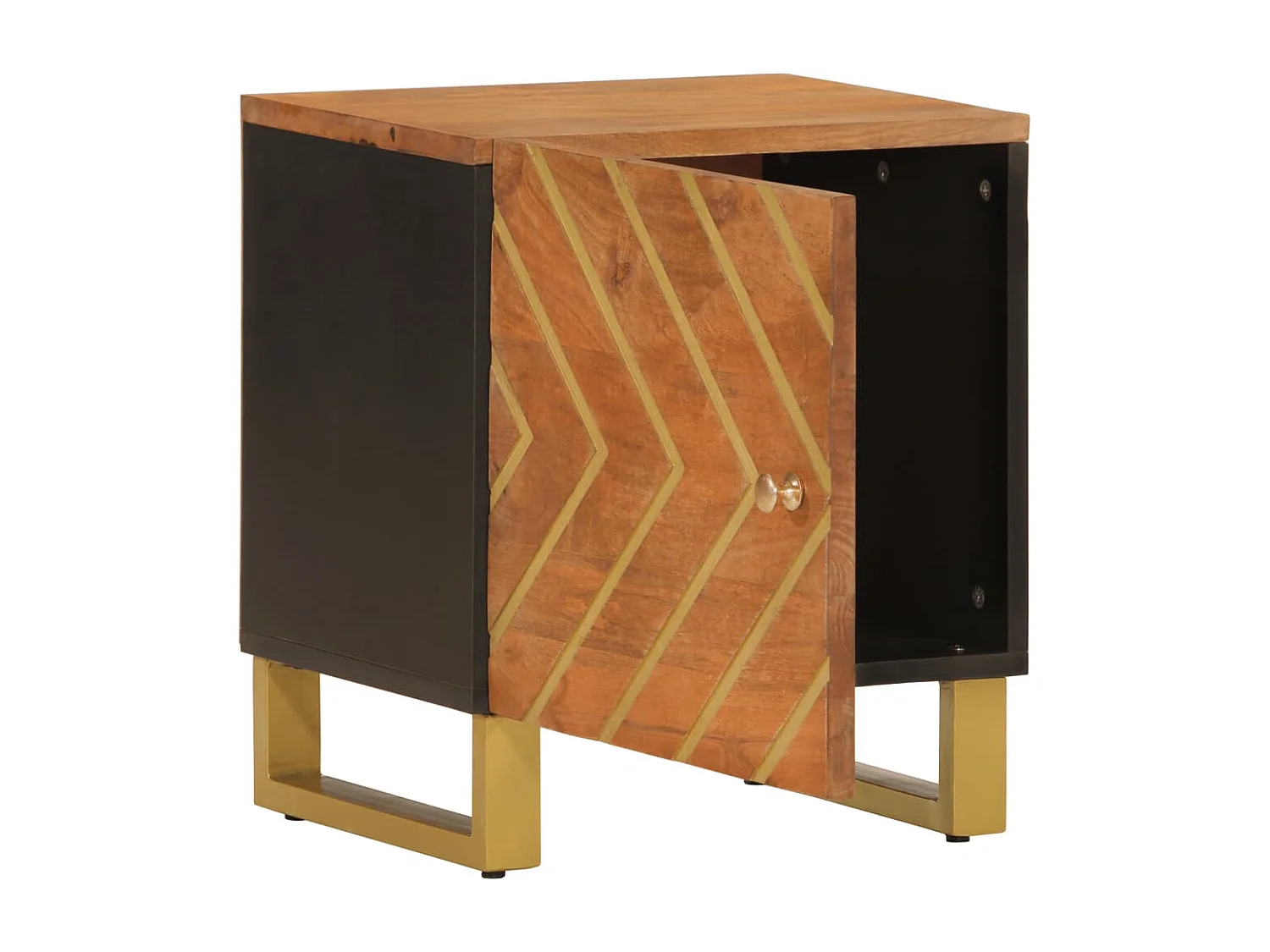 Mesita de noche marrón y negra fabricada en madera maciza de mango.