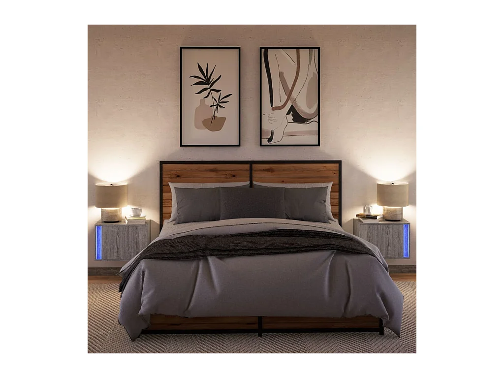 Mesitas de noche de pared con luces LED 2 piezas gris sonoma