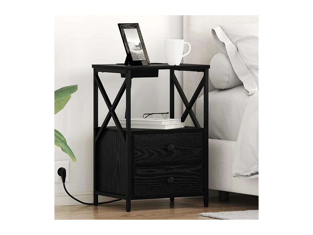 Mesita de noche con estación de carga y cajón en roble negro