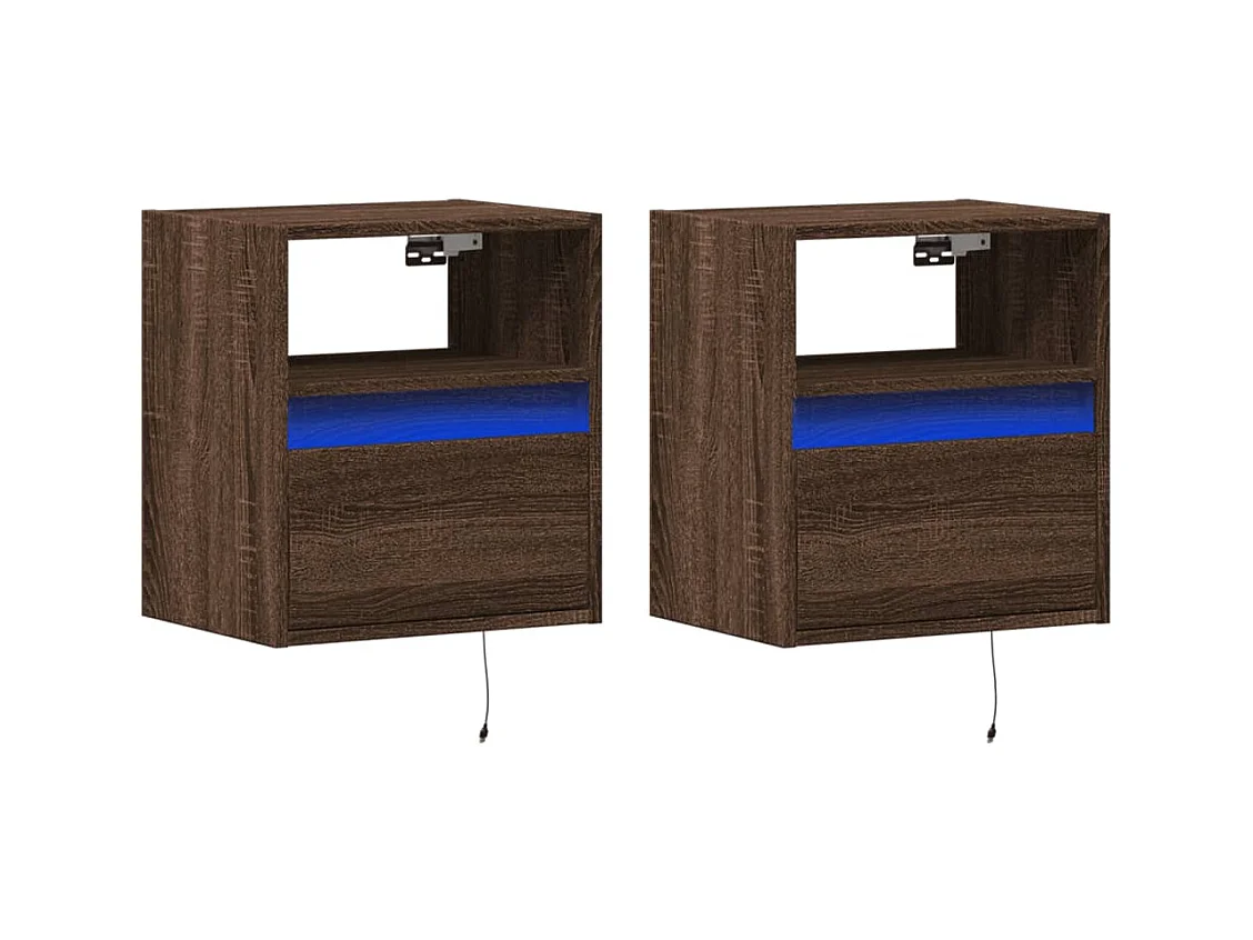 Comodini da parete con luci LED 2 pezzi rovere marrone
