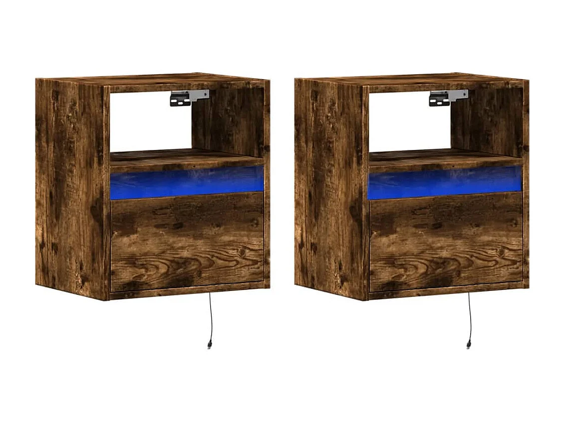 Tables de chevet murales avec lumières LED 2 pcs chêne fumé