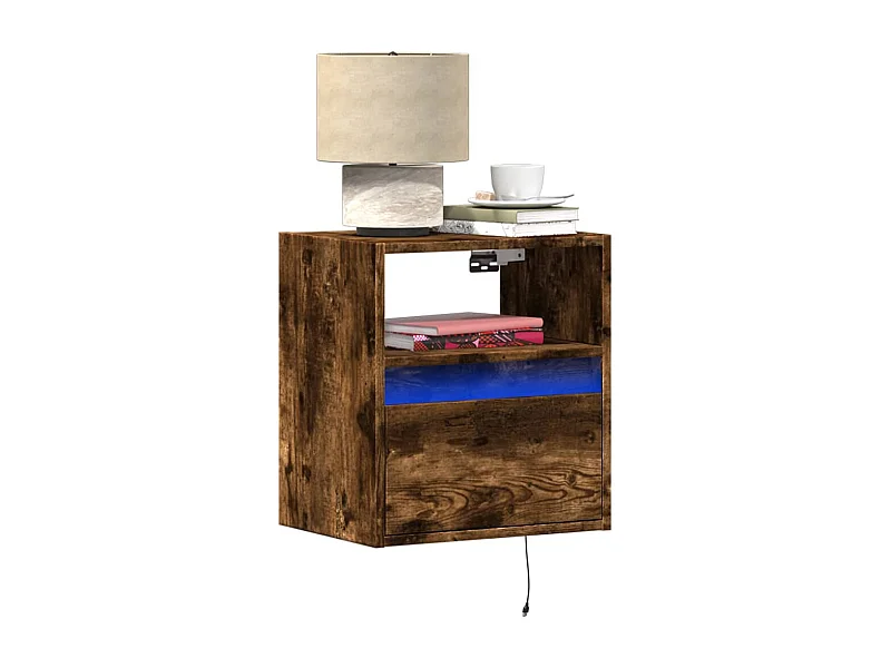 Tables de chevet murales avec lumières LED 2 pcs chêne fumé