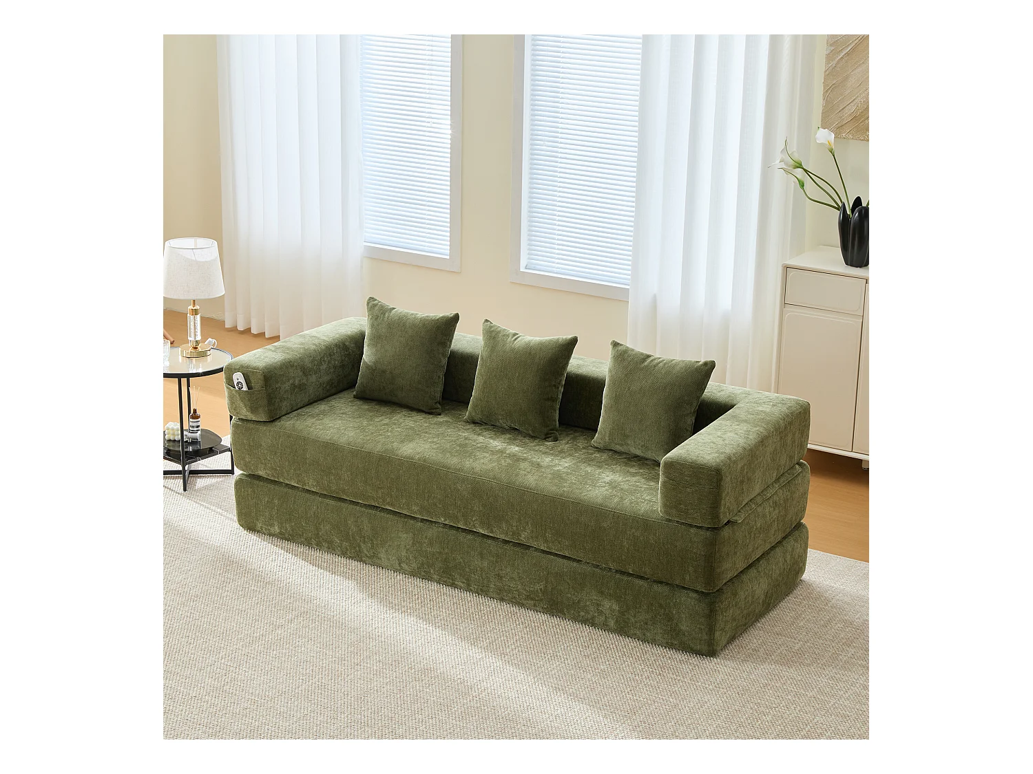 Canapé modulable à volonté - 198 x 79 x 60 cm - convertible - avec poches latérales - chenille - vert