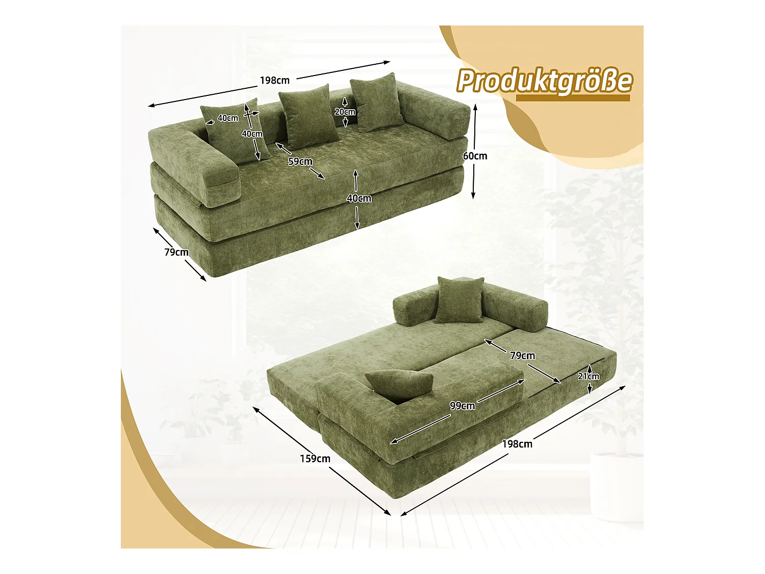 Canapé modulable à volonté - 198 x 79 x 60 cm - convertible - avec poches latérales - chenille - vert