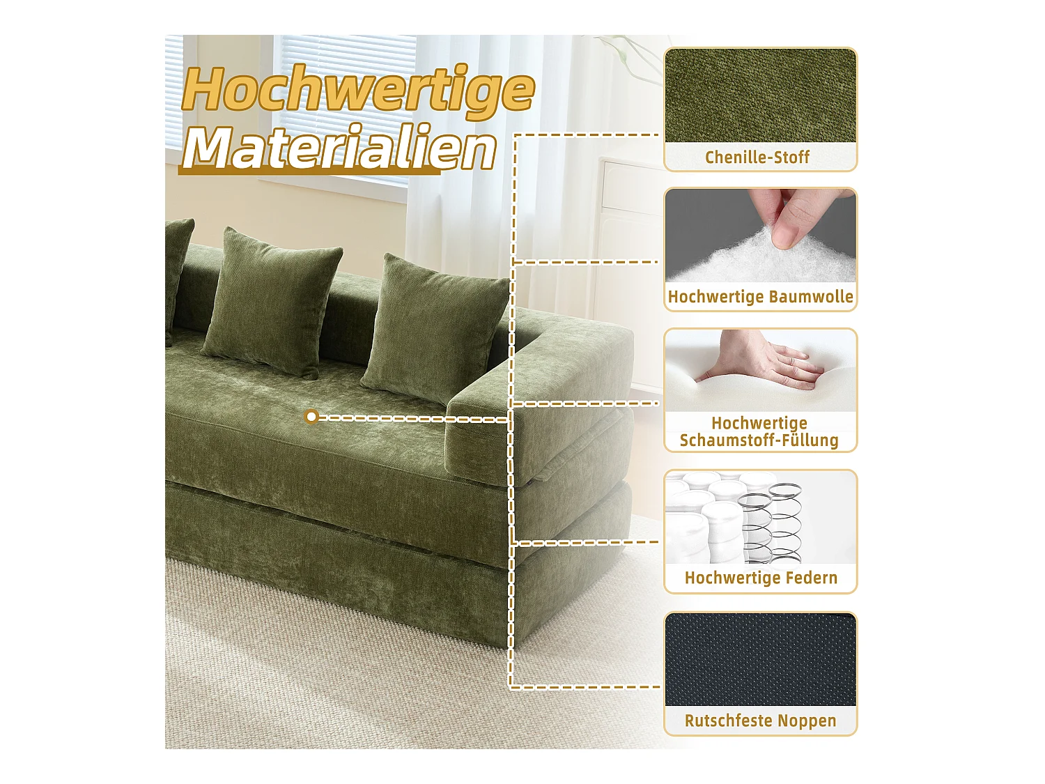 Canapé modulable à volonté - 198 x 79 x 60 cm - convertible - avec poches latérales - chenille - vert