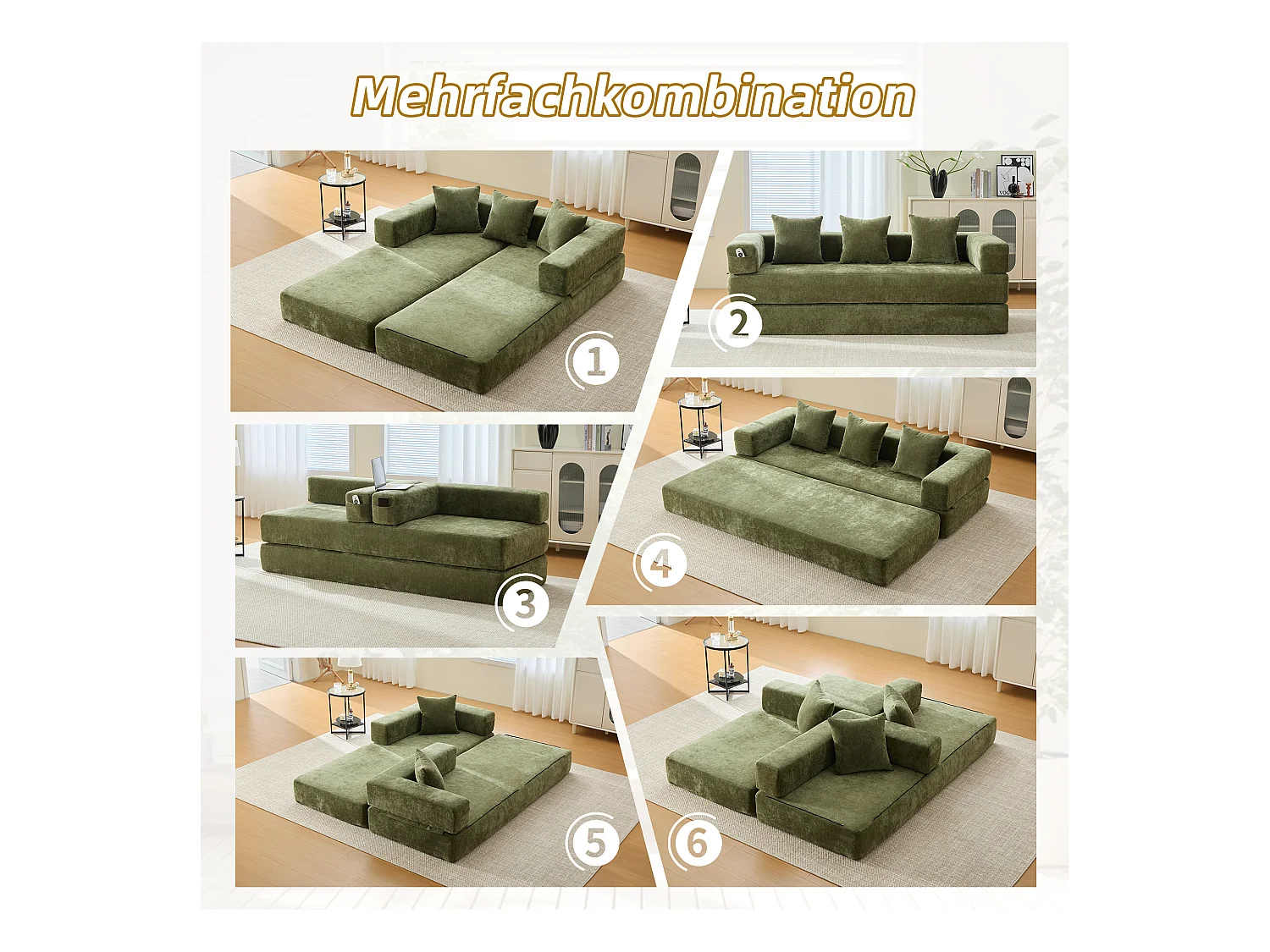 Canapé modulable à volonté - 198 x 79 x 60 cm - convertible - avec poches latérales - chenille - vert