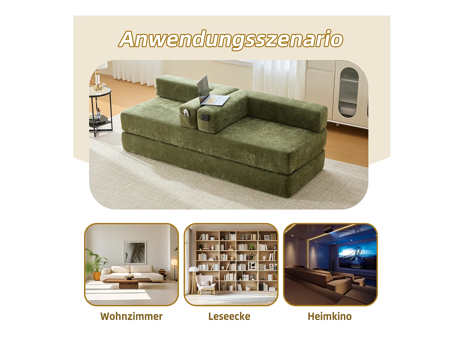 Canapé modulable à volonté - 198 x 79 x 60 cm - convertible - avec poches latérales - chenille - vert