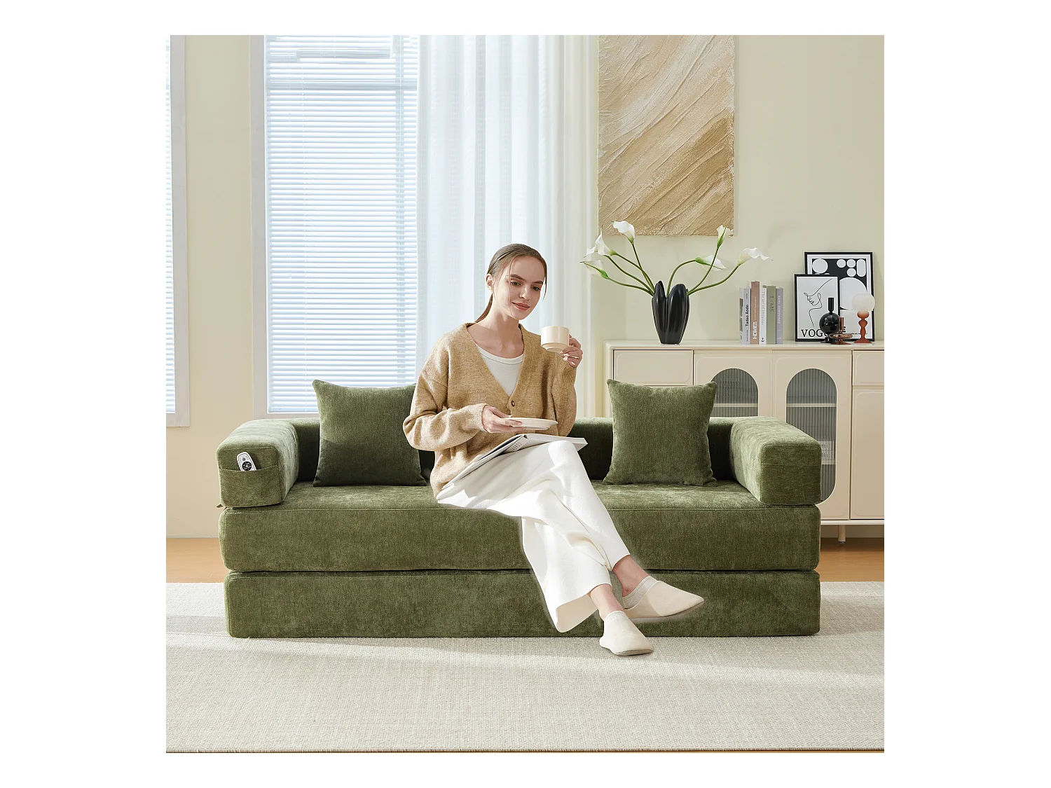 Canapé modulable à volonté - 198 x 79 x 60 cm - convertible - avec poches latérales - chenille - vert