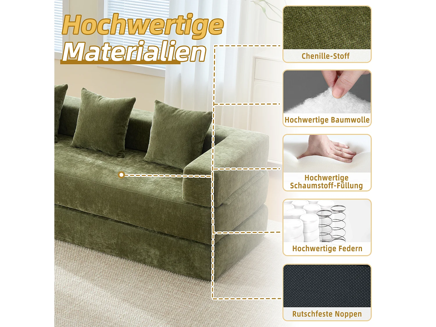 Modulares Sofa - 198 x 79 x 60 cm - umbaubar - mit Seitentaschen - Chenille - grün