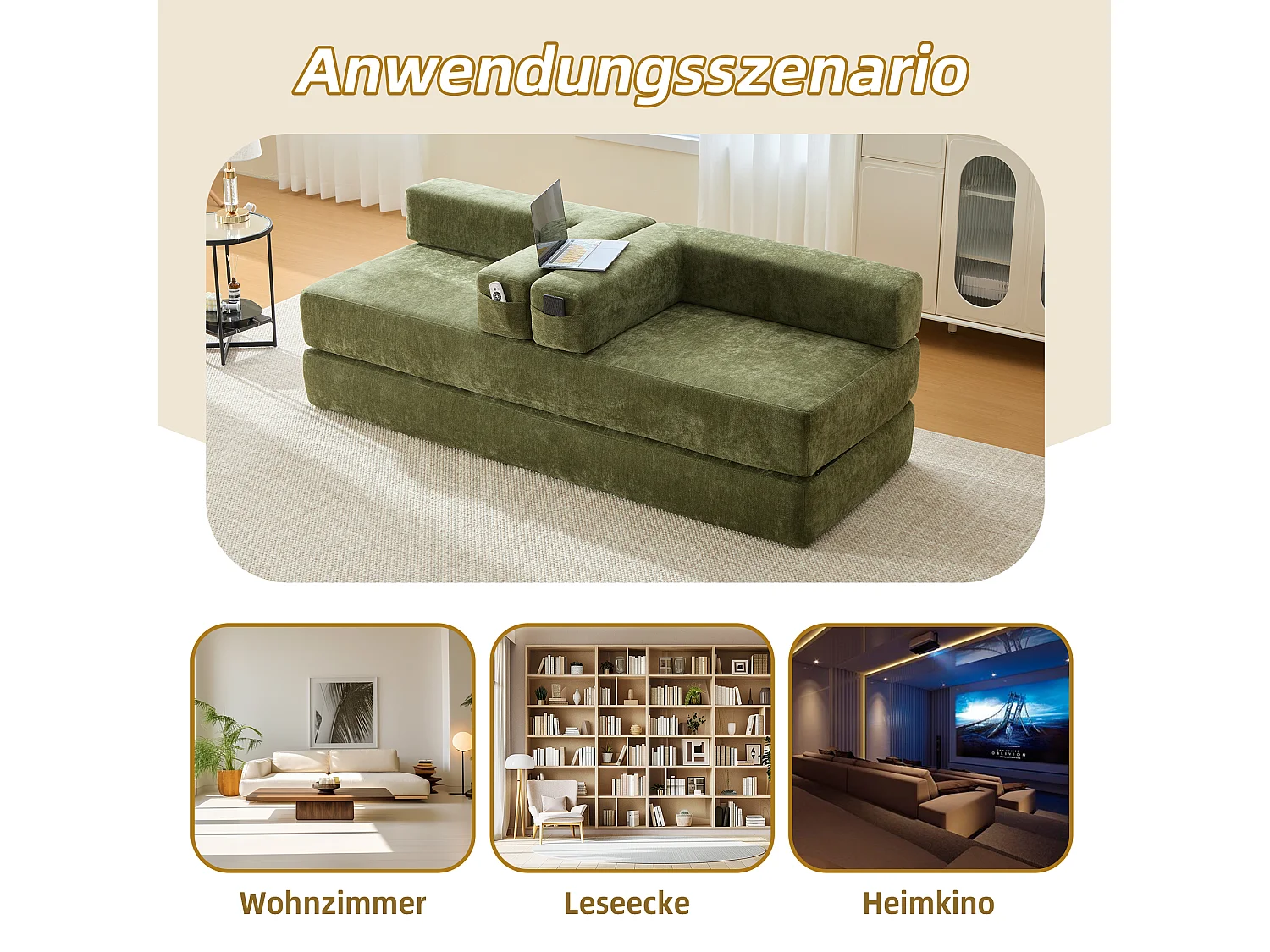 Modulares Sofa - 198 x 79 x 60 cm - umbaubar - mit Seitentaschen - Chenille - grün