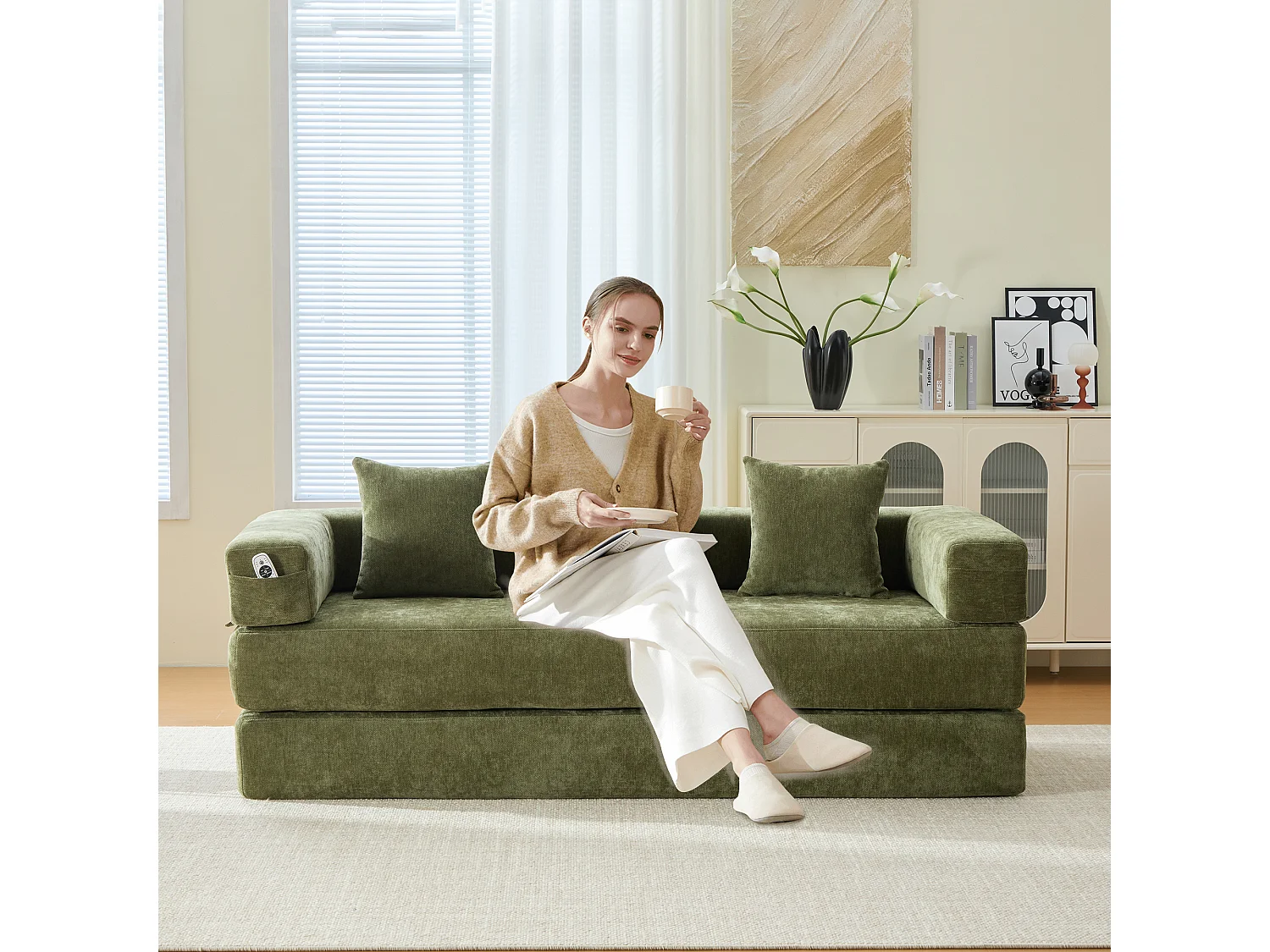 Modulares Sofa - 198 x 79 x 60 cm - umbaubar - mit Seitentaschen - Chenille - grün