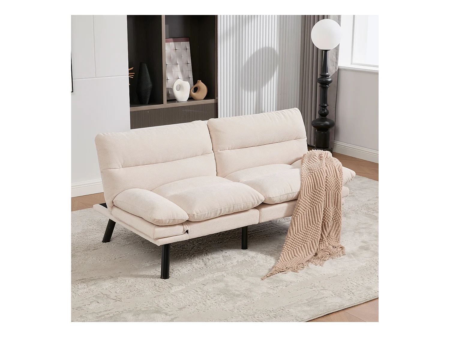 Canapé convertible 2 places - 165 x 90 x 76 cm - avec dossier et accoudoirs réglables - Microfibre - beige