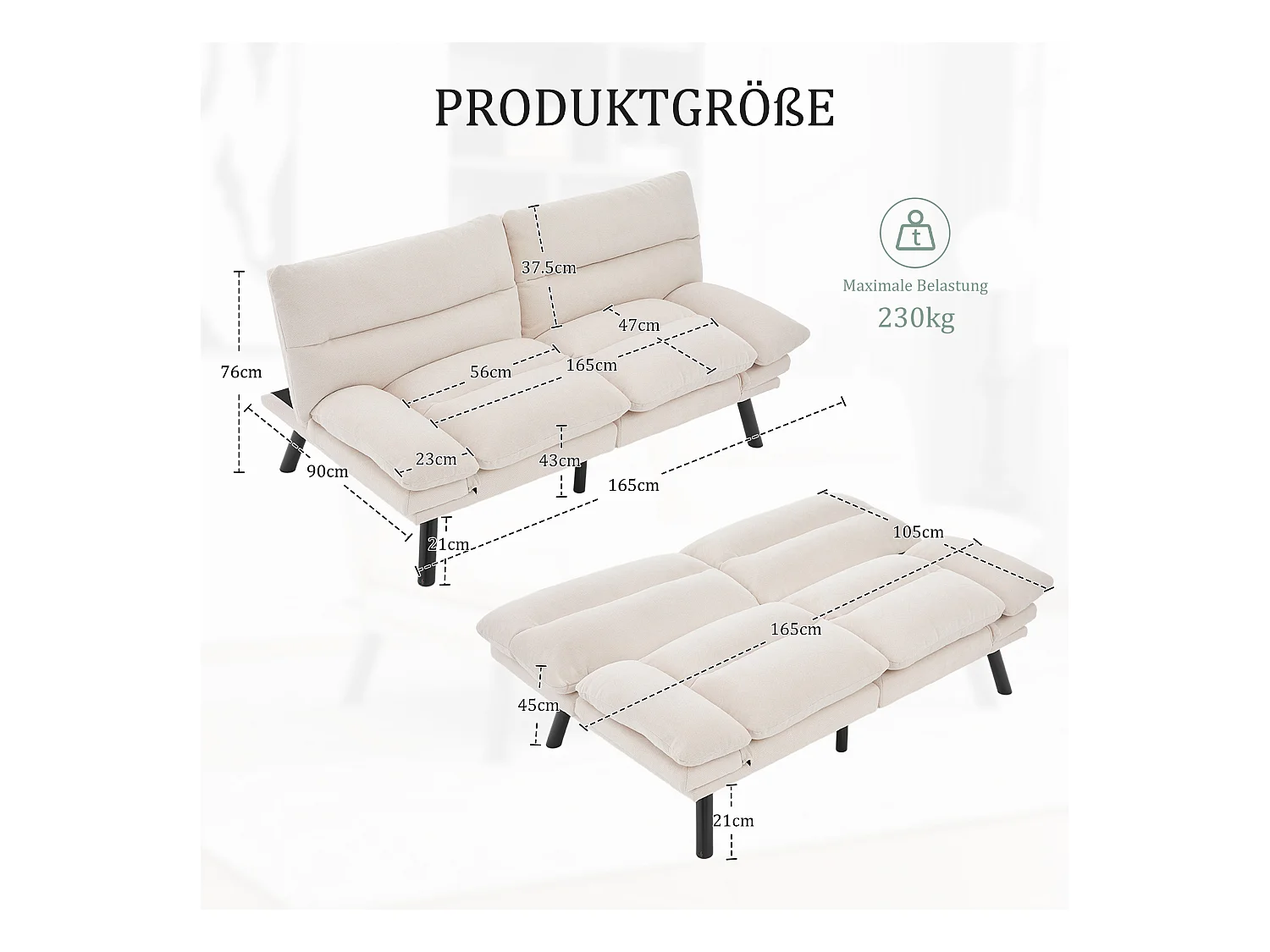 Canapé convertible 2 places - 165 x 90 x 76 cm - avec dossier et accoudoirs réglables - Microfibre - beige