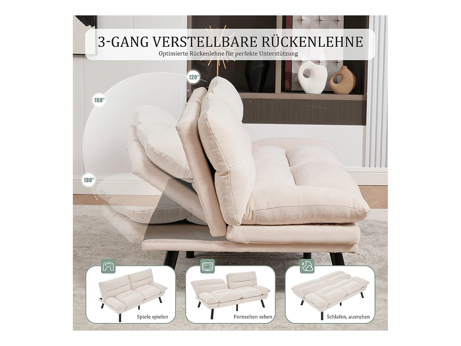 Canapé convertible 2 places - 165 x 90 x 76 cm - avec dossier et accoudoirs réglables - Microfibre - beige