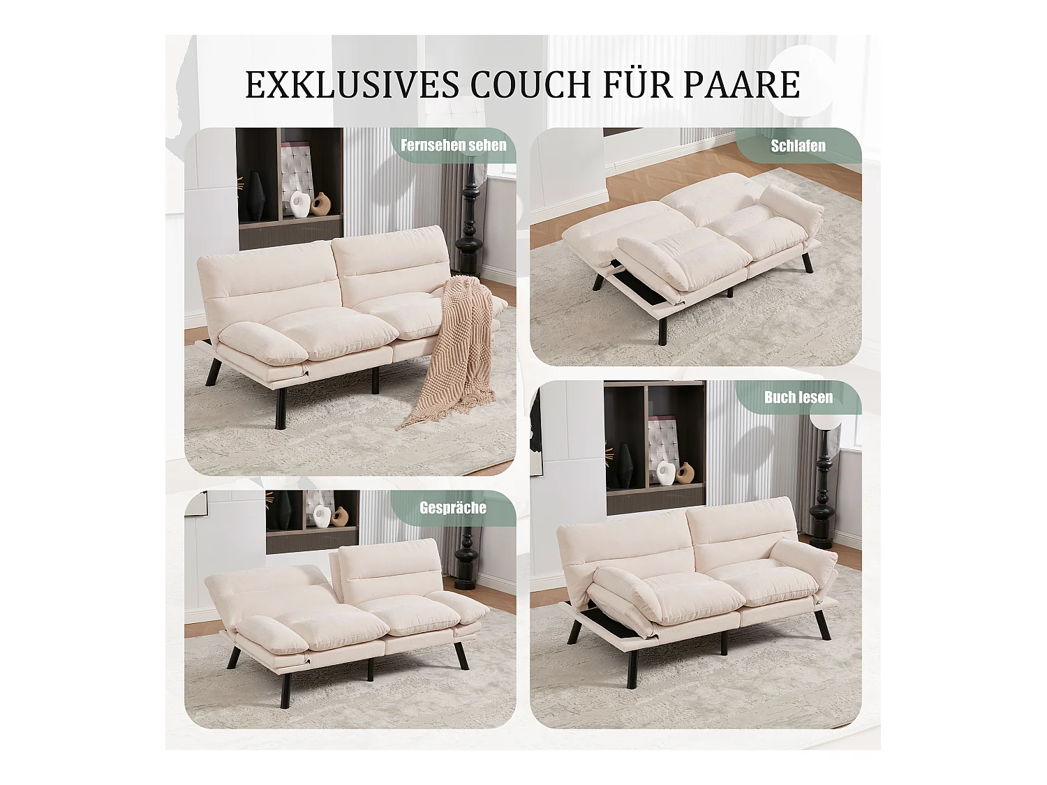 Canapé convertible 2 places - 165 x 90 x 76 cm - avec dossier et accoudoirs réglables - Microfibre - beige