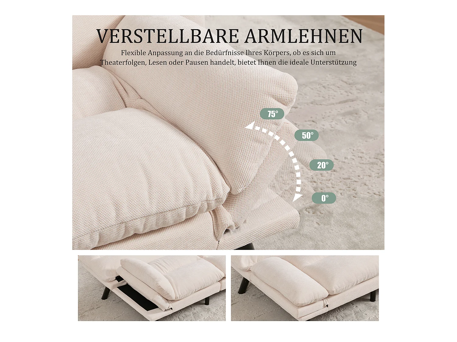 Canapé convertible 2 places - 165 x 90 x 76 cm - avec dossier et accoudoirs réglables - Microfibre - beige