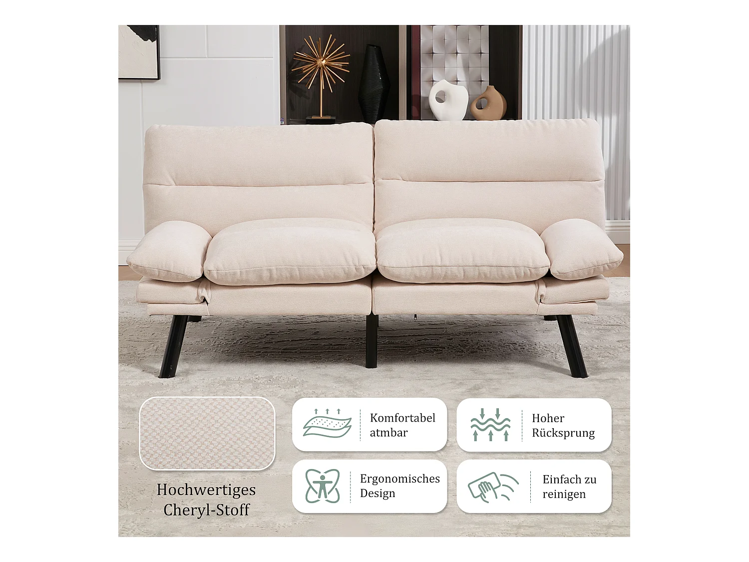 Canapé convertible 2 places - 165 x 90 x 76 cm - avec dossier et accoudoirs réglables - Microfibre - beige