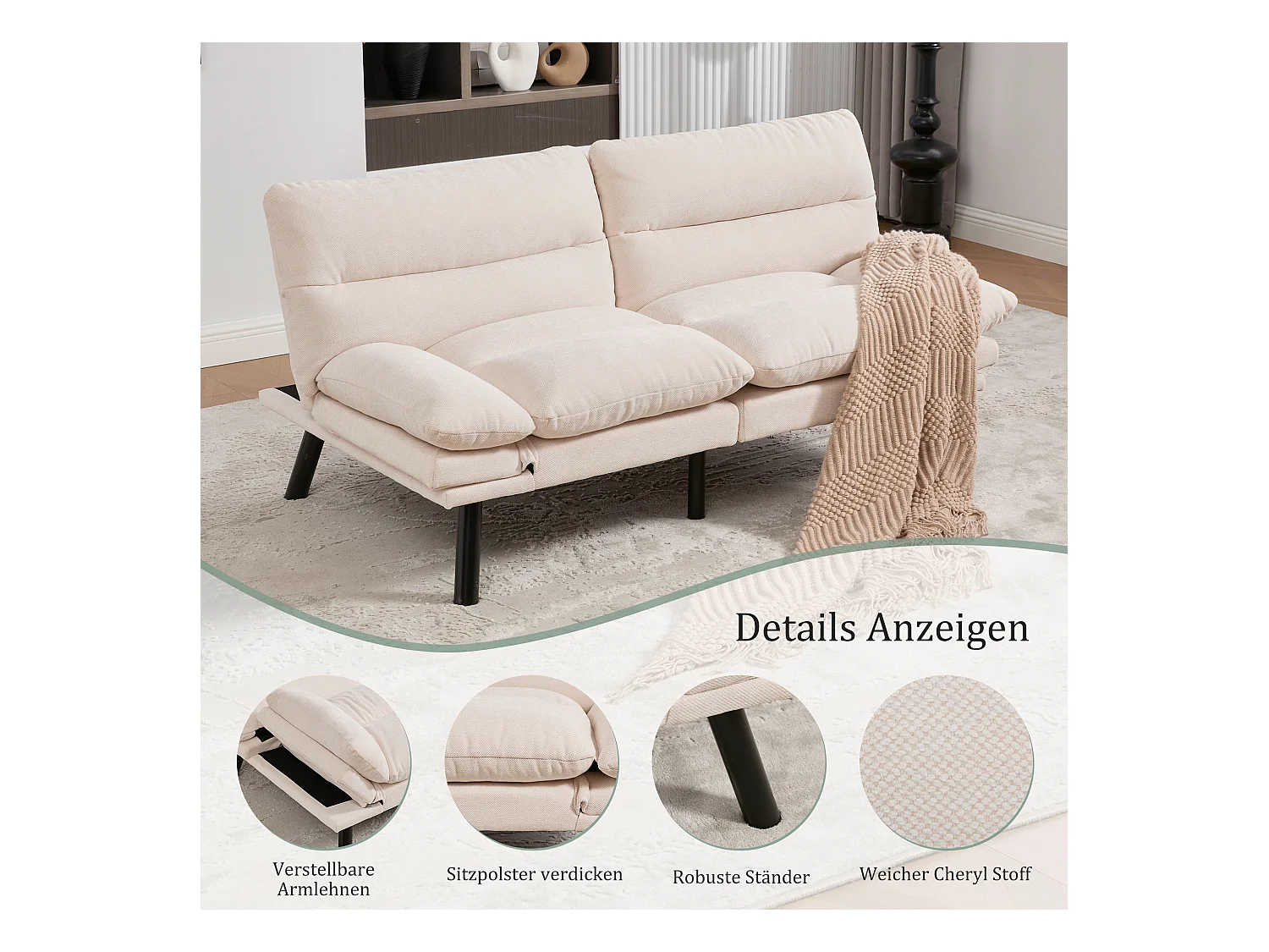 Canapé convertible 2 places - 165 x 90 x 76 cm - avec dossier et accoudoirs réglables - Microfibre - beige